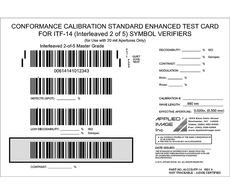 Conformance Calibration Standard Test Card for ITF-14 (Interleaved 2 of 5) Symbol Verifiers (AI-CCS-ITF-14)